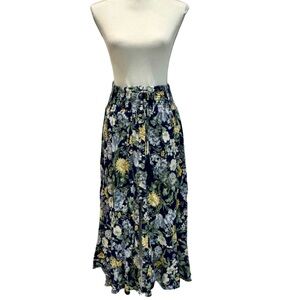 Rachel Roy Boho Floral Navy Midi Skirt | Elastic Waistline + button detail (M)